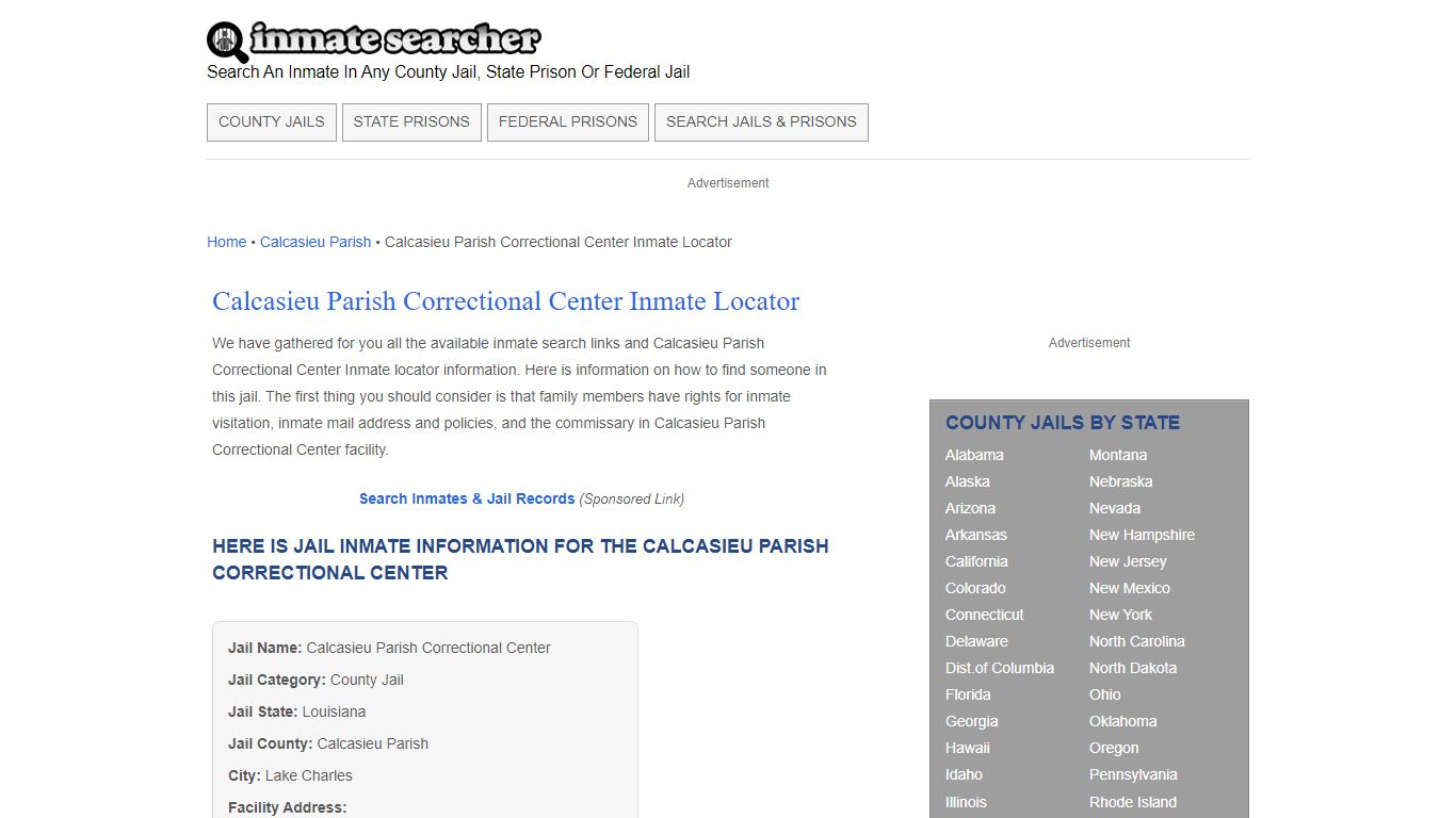 Calcasieu Parish Correctional Center Inmate Locator - Inmate Searcher